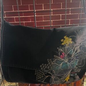 Floral Embroidered Black Shoulder Bag